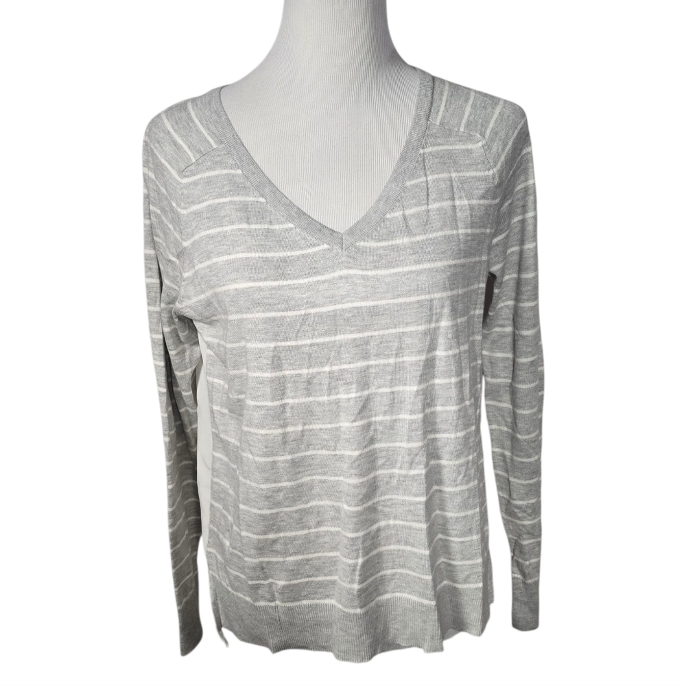 LOFT Medium Light Gray and Off-White Striped V-Neck Knit Front Blouse